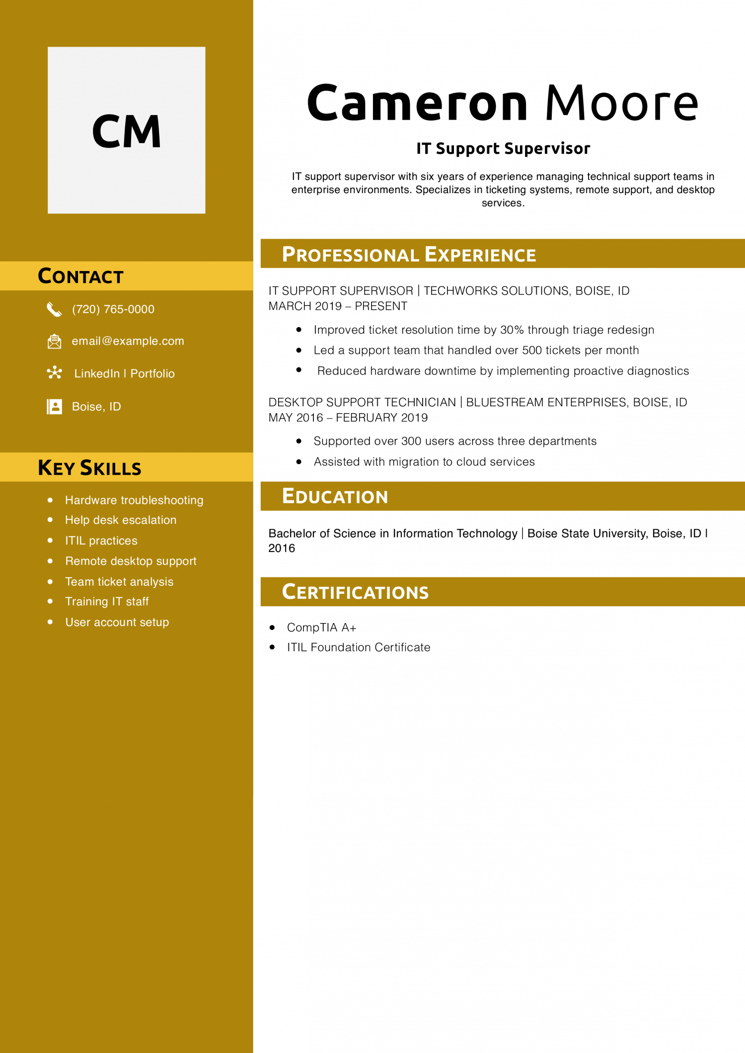 IT Support Supervisor Resume Example