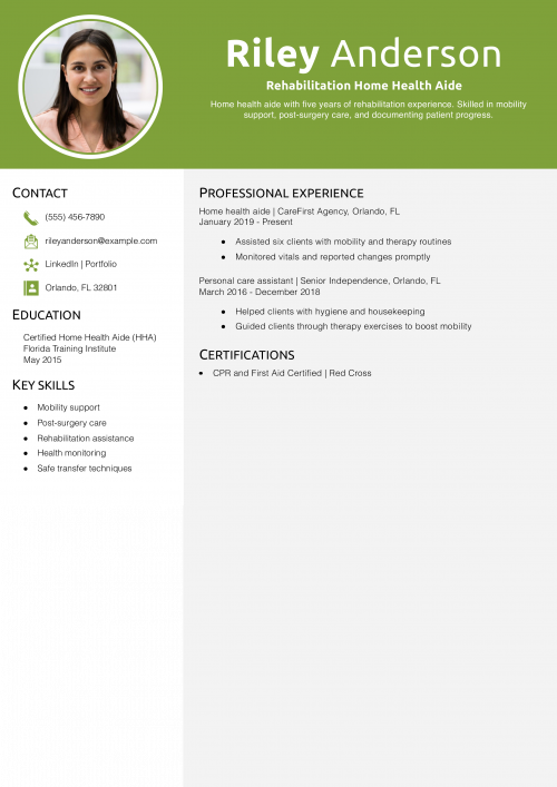 Rehabilitation Home Health Aide Resume Example