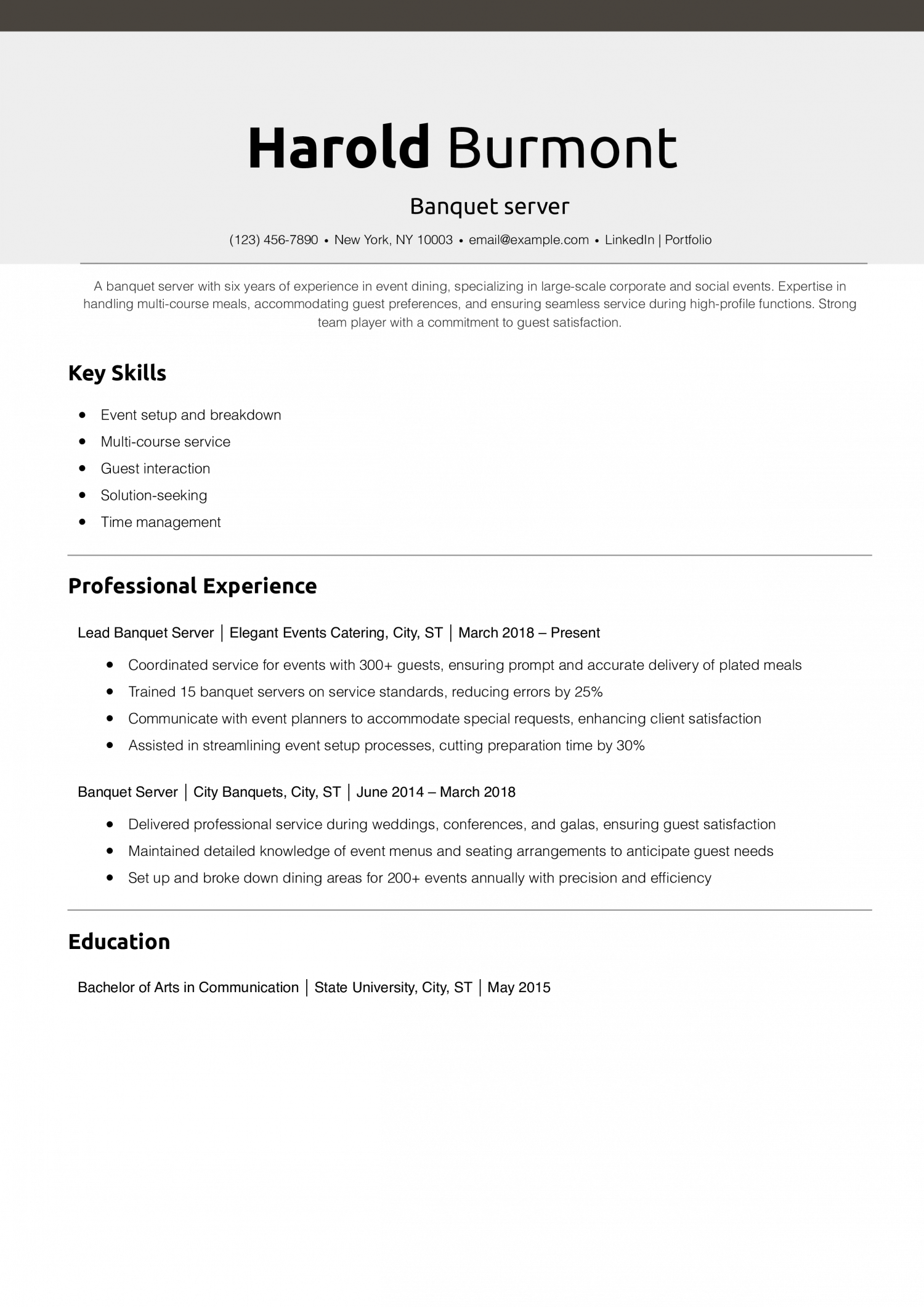 Banquet server resume example