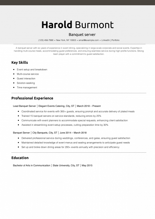 Banquet server resume example