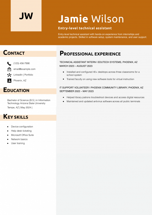 Entry-level technical assistant resume example 