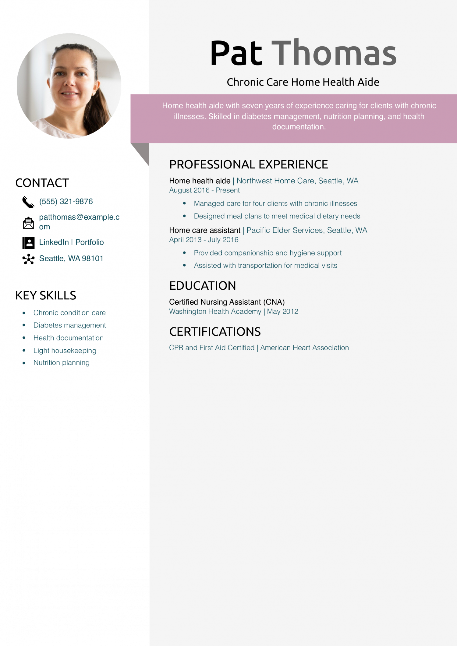 Chronic Care Home Health Aide Resume Example