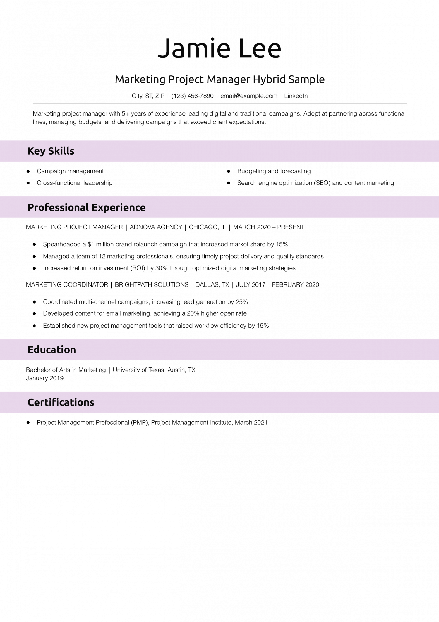 Marketing Project Manager Hybrid Sample Resume Example