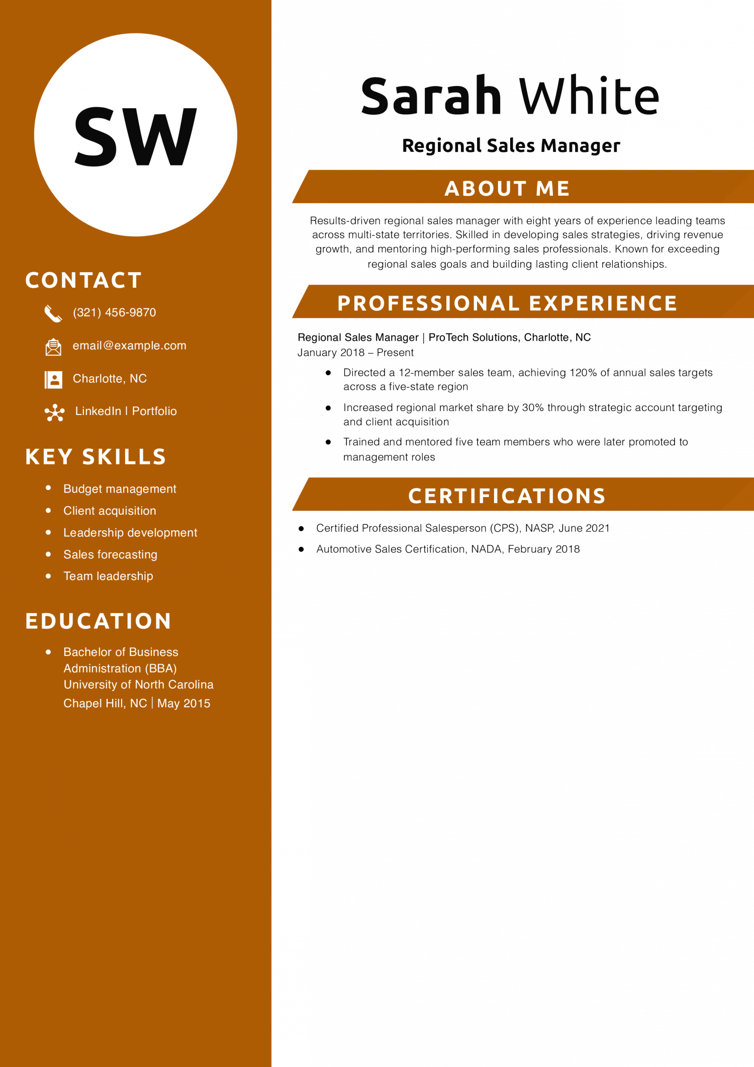 Regional Sales Manager Resume Example