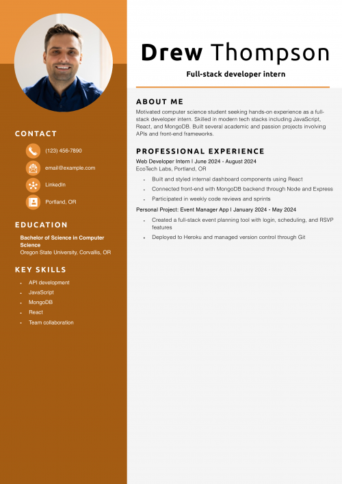 Full-stack developer intern resume example