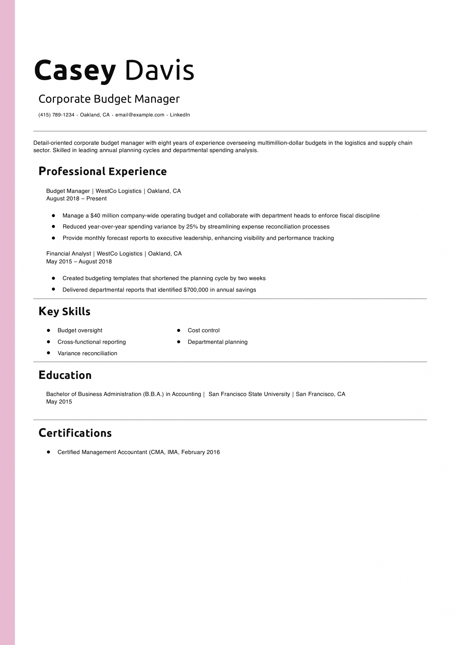 Corporate Budget Manager Resume Example