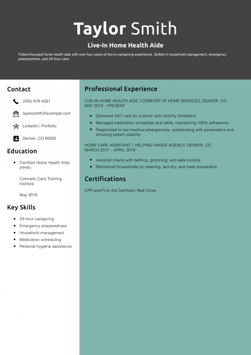 Live-In Home Health Aide Resume Example