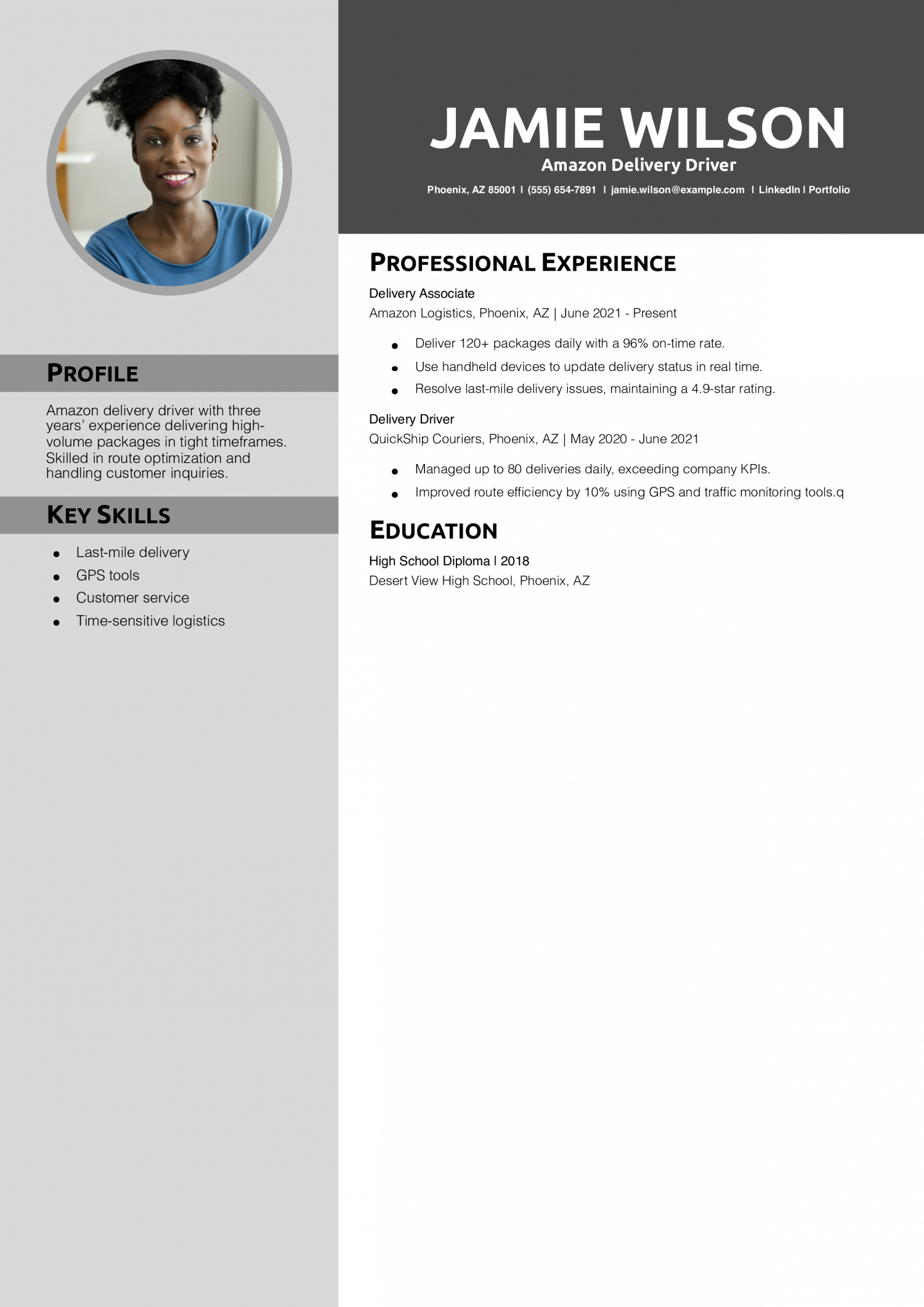 Amazon Delivery Driver Resume Example