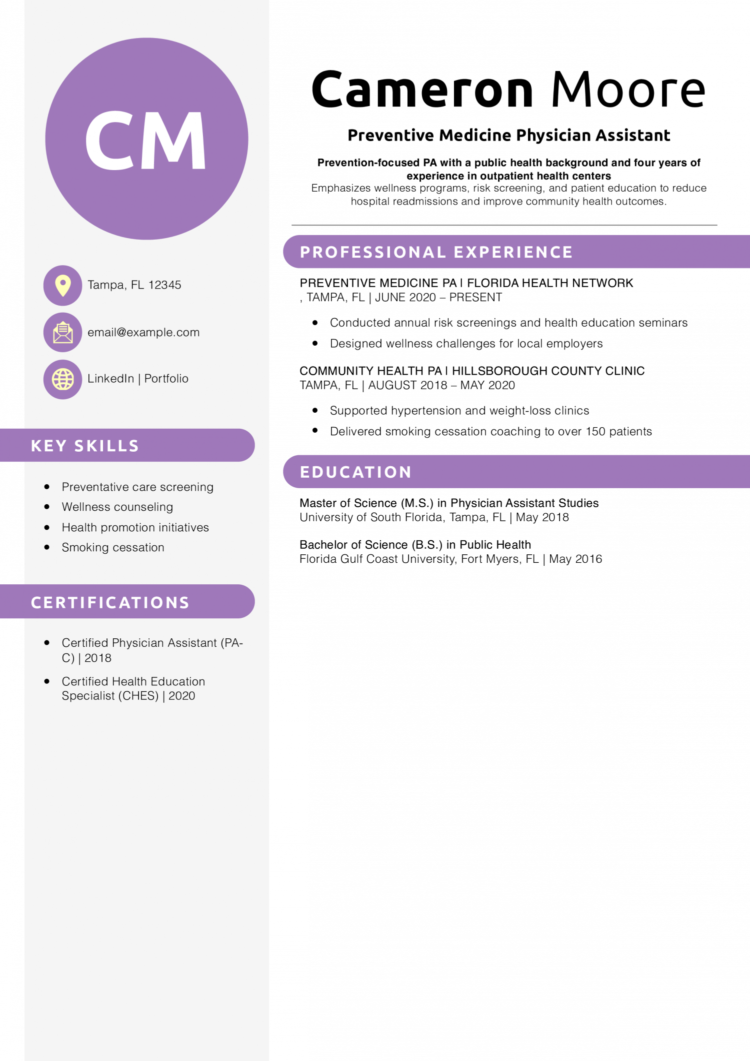 Preventive Medicine Physician Assistant Resume Example