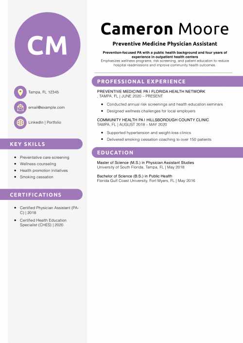 Preventive Medicine Physician Assistant Resume Example