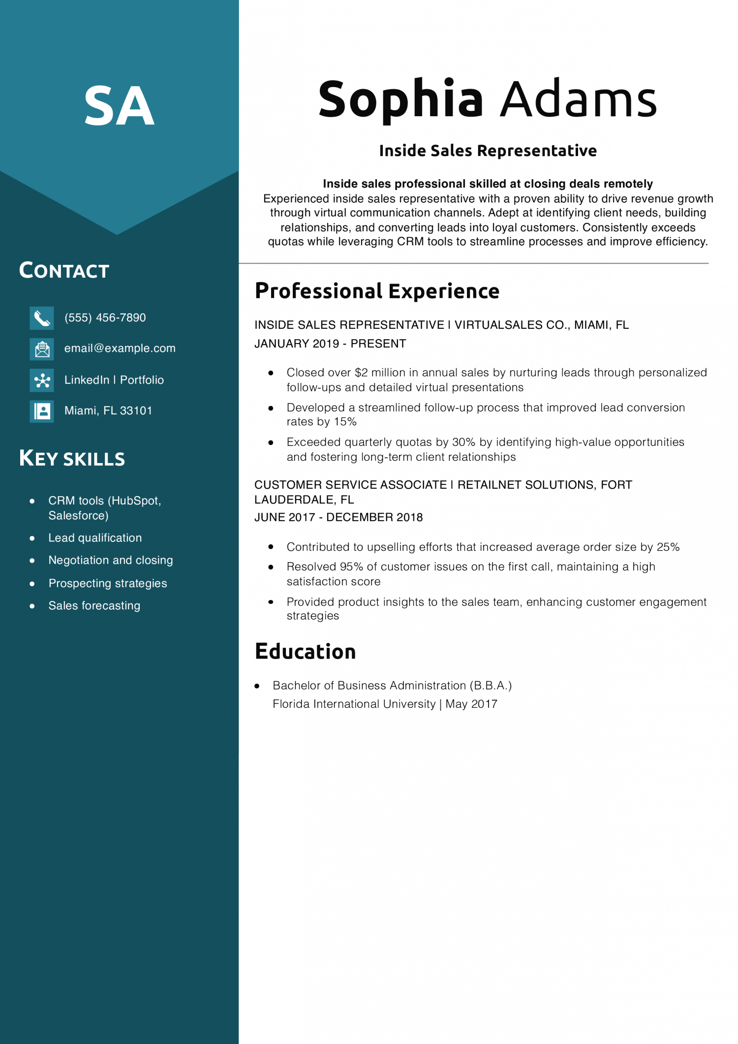 Inside Sales Representative Resume Example