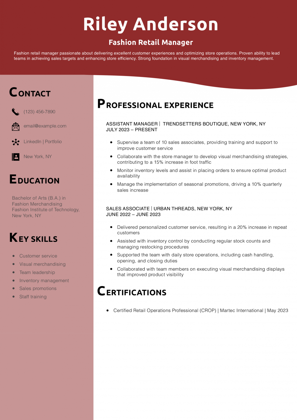 Fashion Retail Manager Resume Example