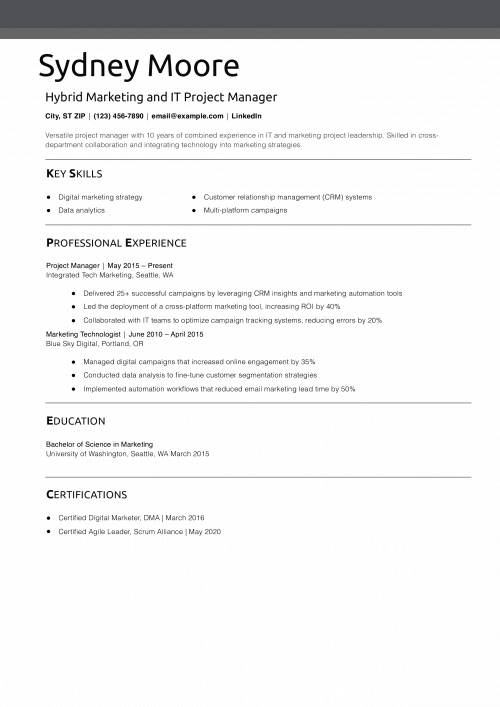Hybrid Marketing and IT Project Manager Resume Example
