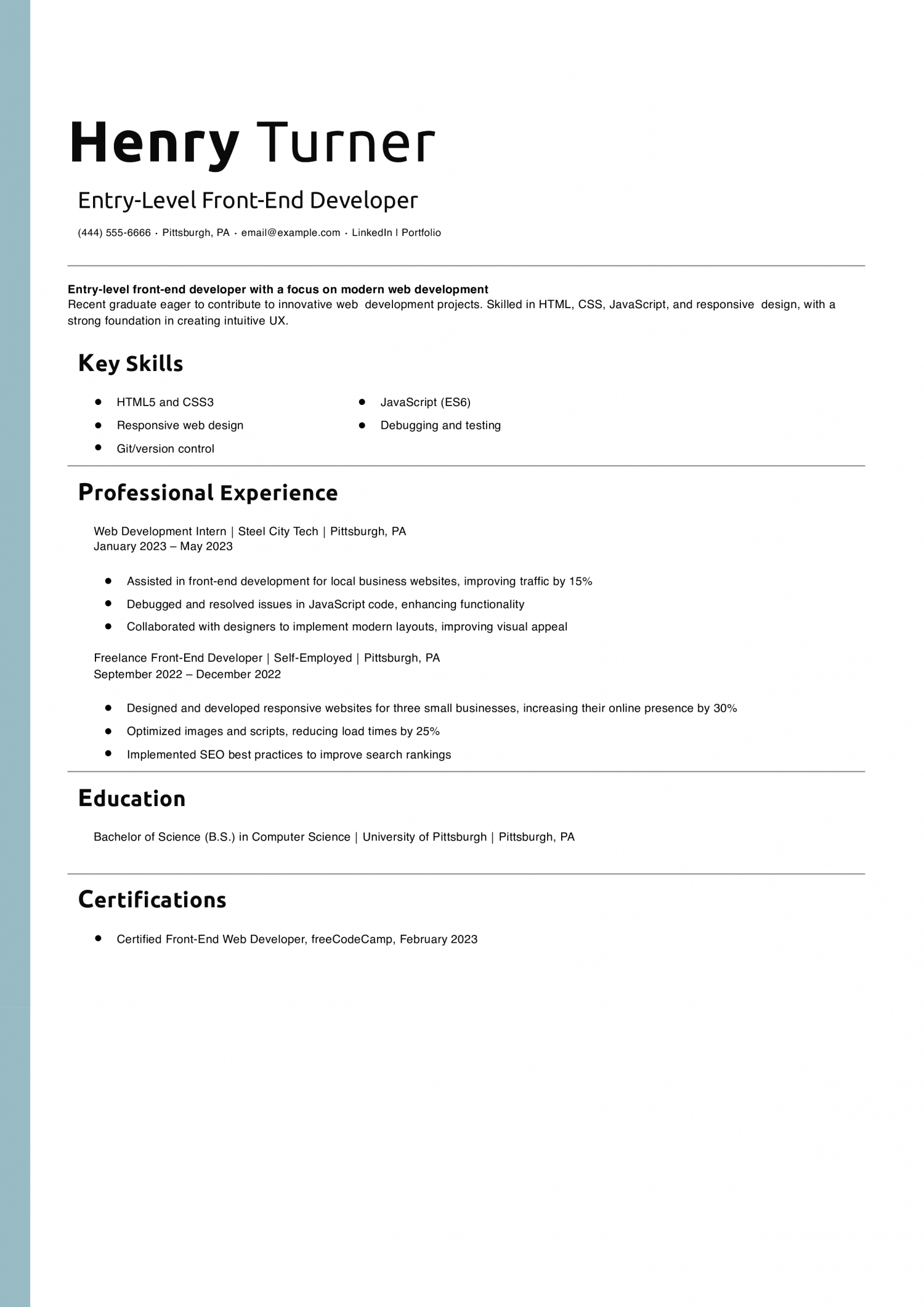 Entry-Level Front-End Developer Resume Example