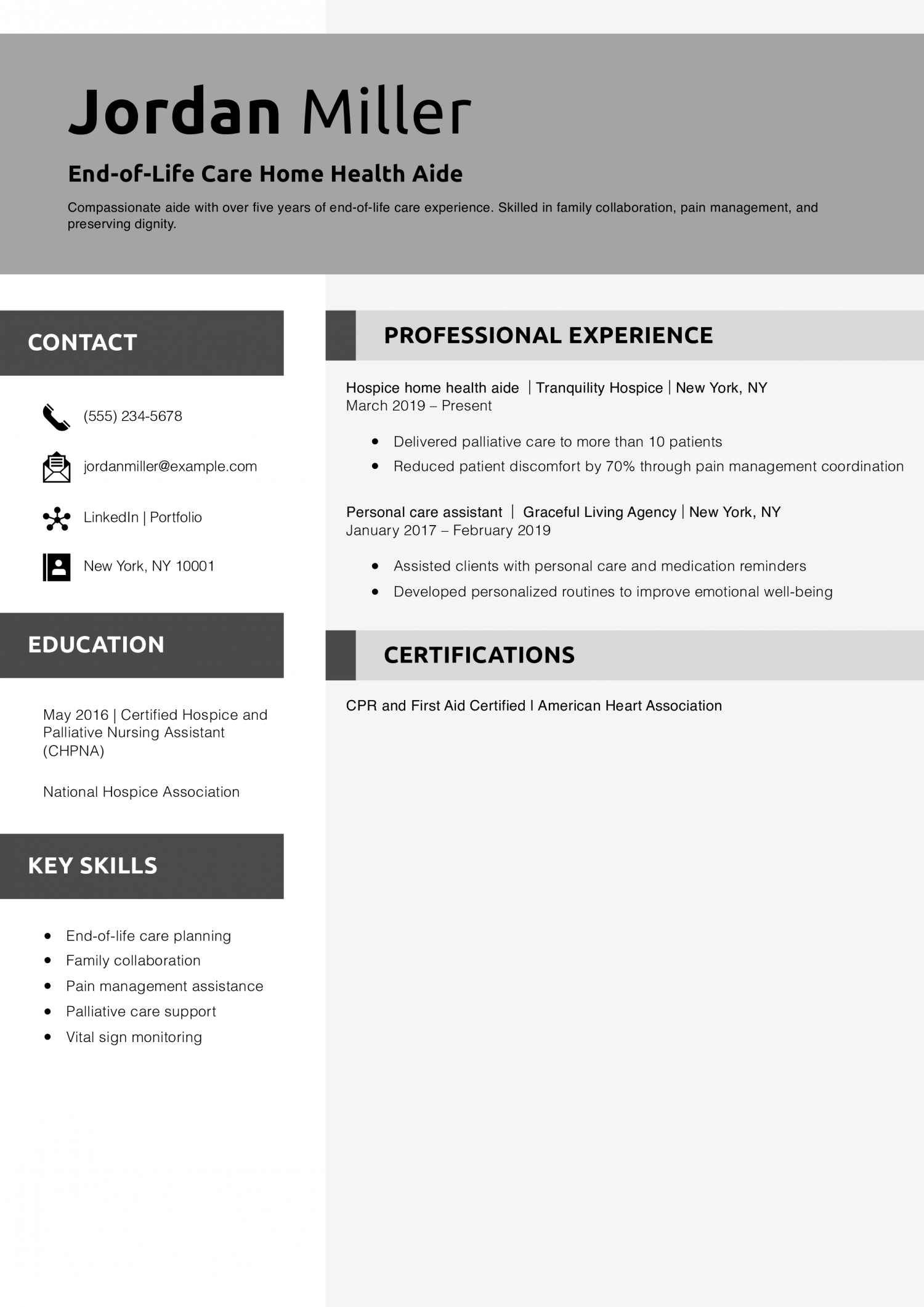End-of-Life Care Home Health Aide Resume Example