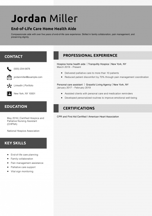 End-of-Life Care Home Health Aide Resume Example