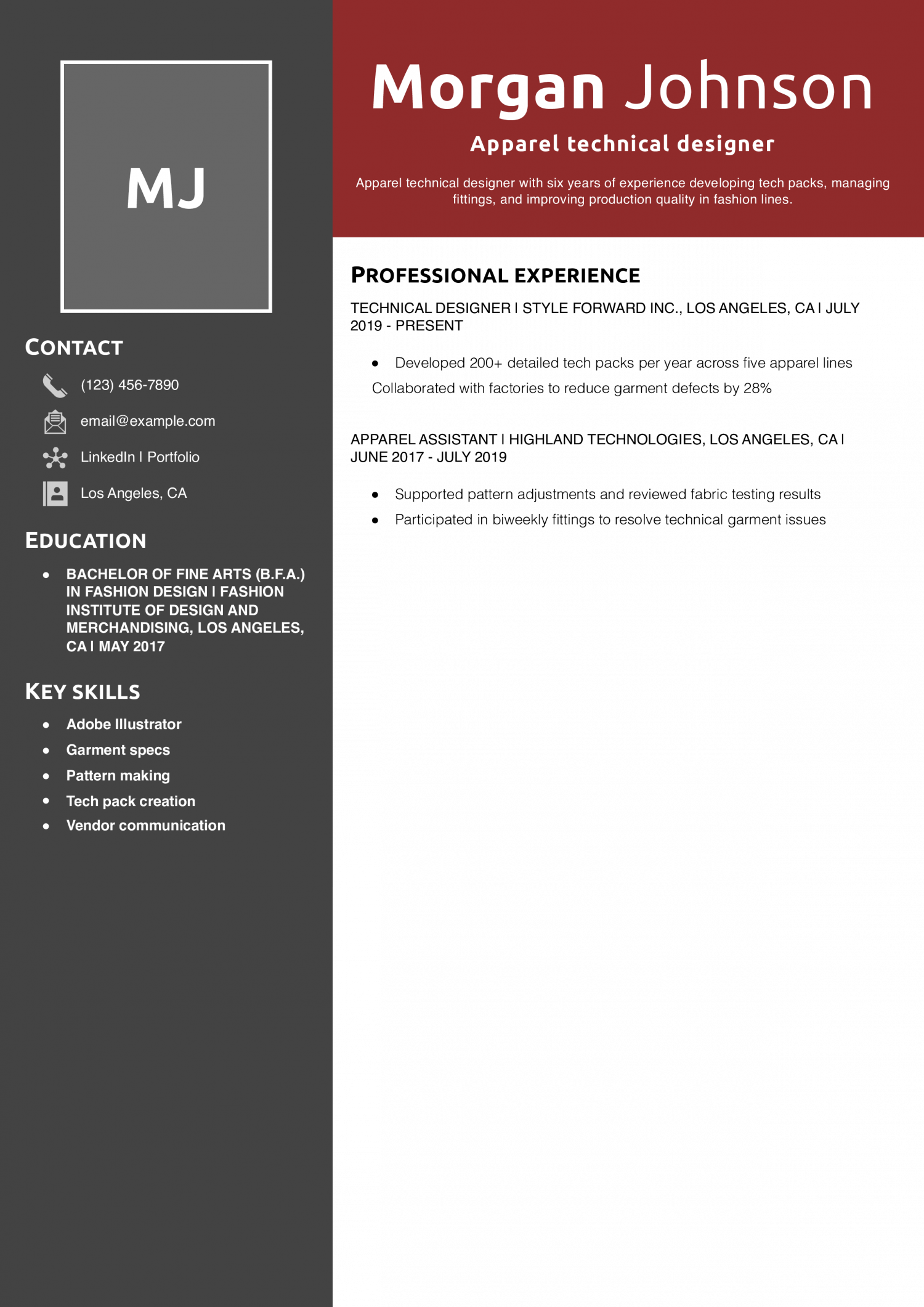 Apparel technical designer resume example 