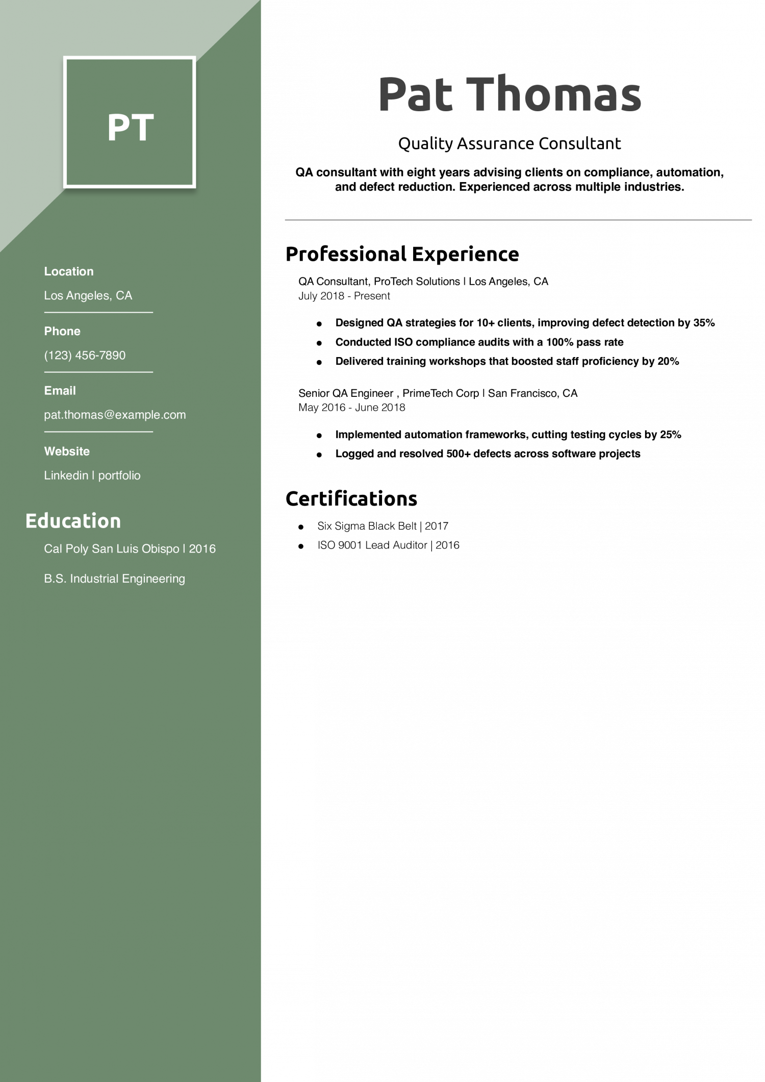 Quality Assurance Consultant Resume Example