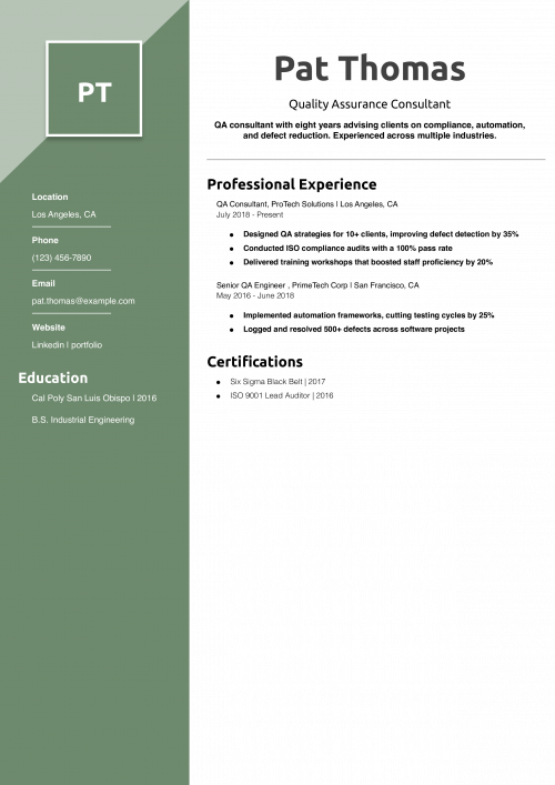 Quality Assurance Consultant Resume Example