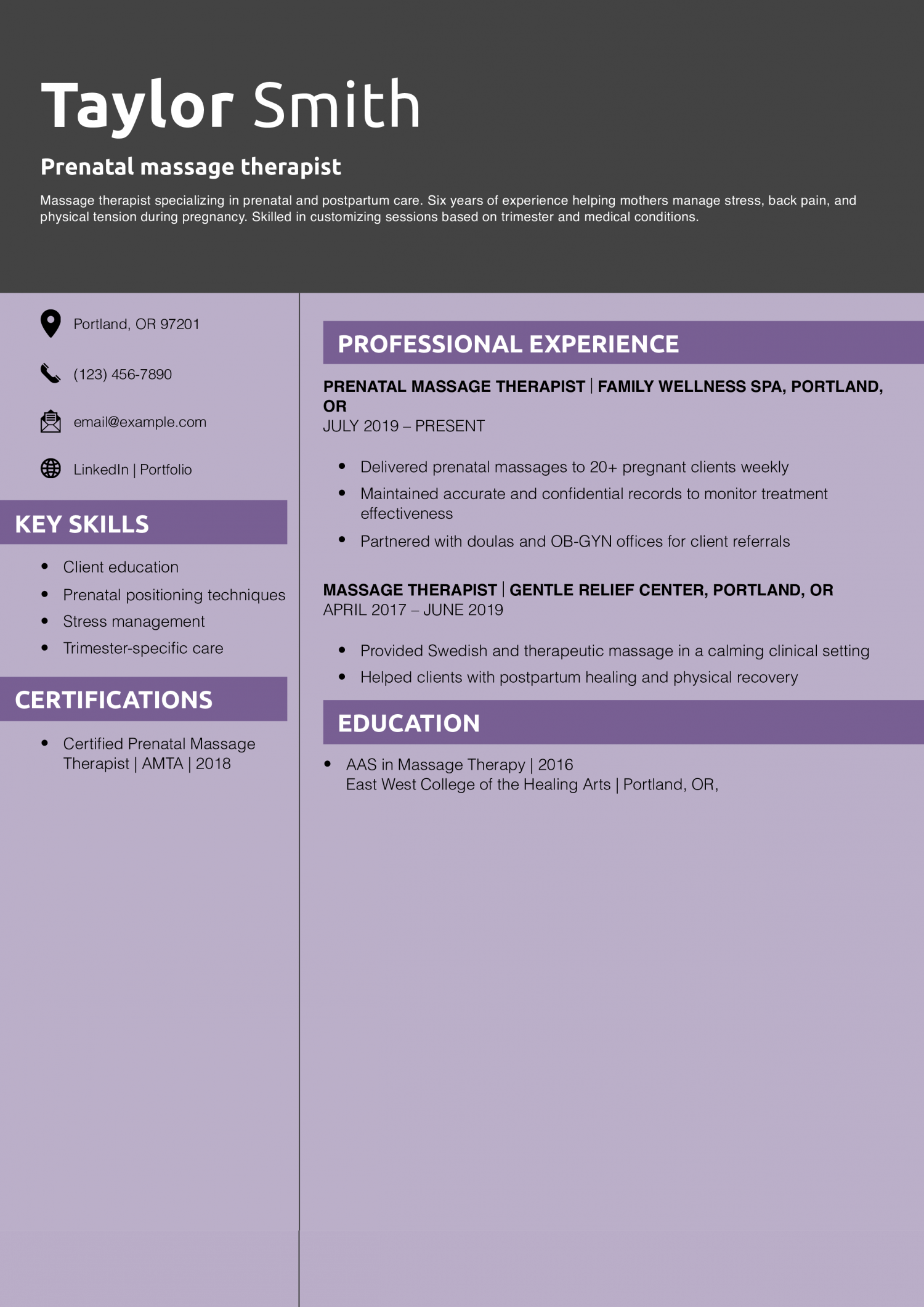 Prenatal massage therapist resume