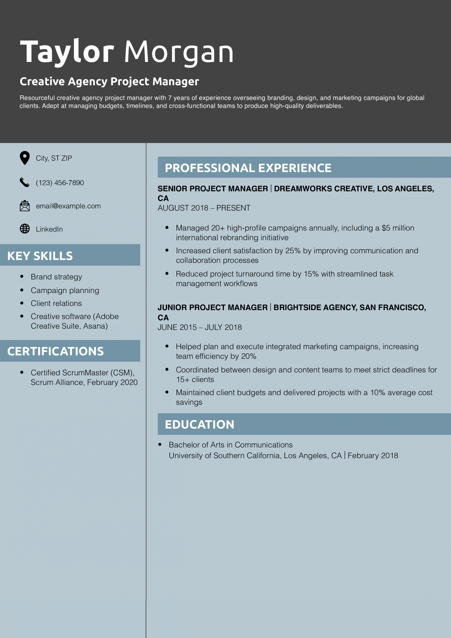 Creative Agency Project Manager Resume Example