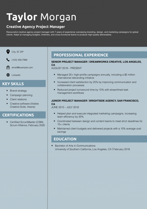 Creative Agency Project Manager Resume Example