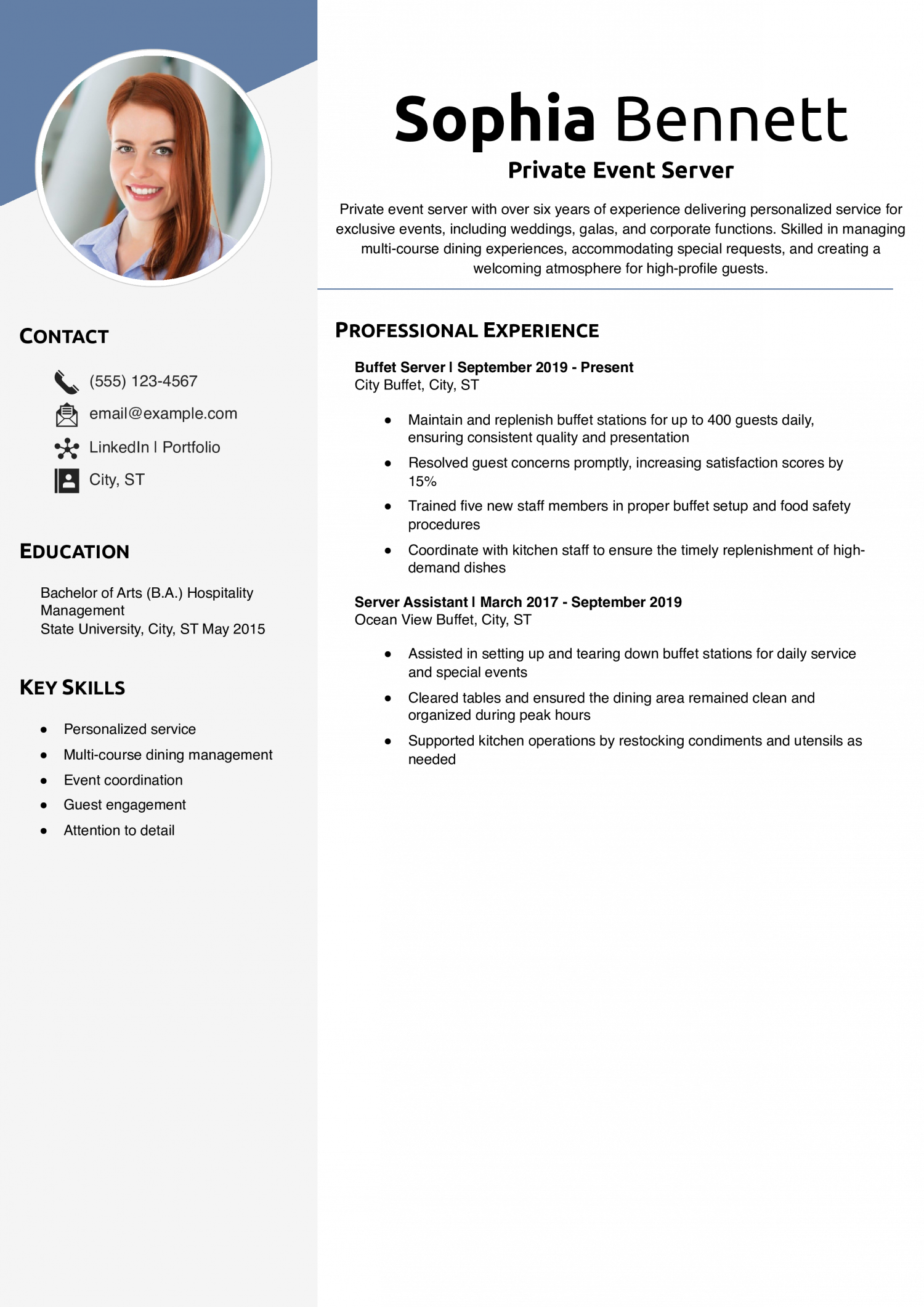 Private Event Server Resume Example