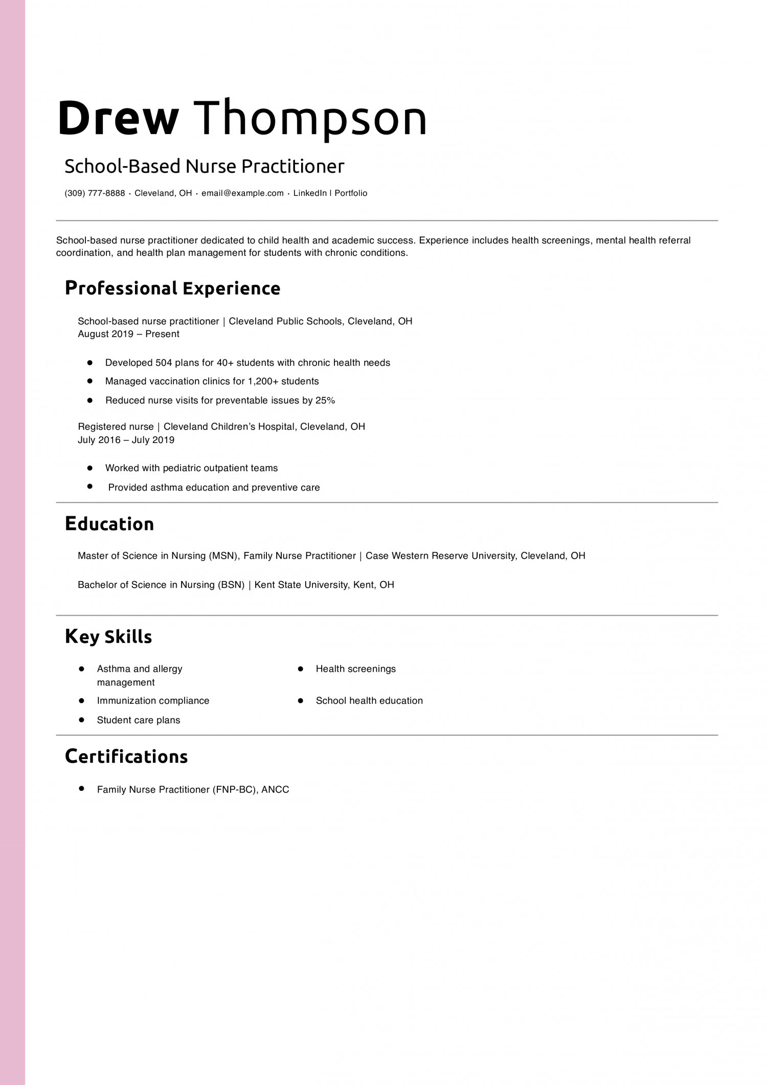 School-Based Nurse Practitioner Resume Example