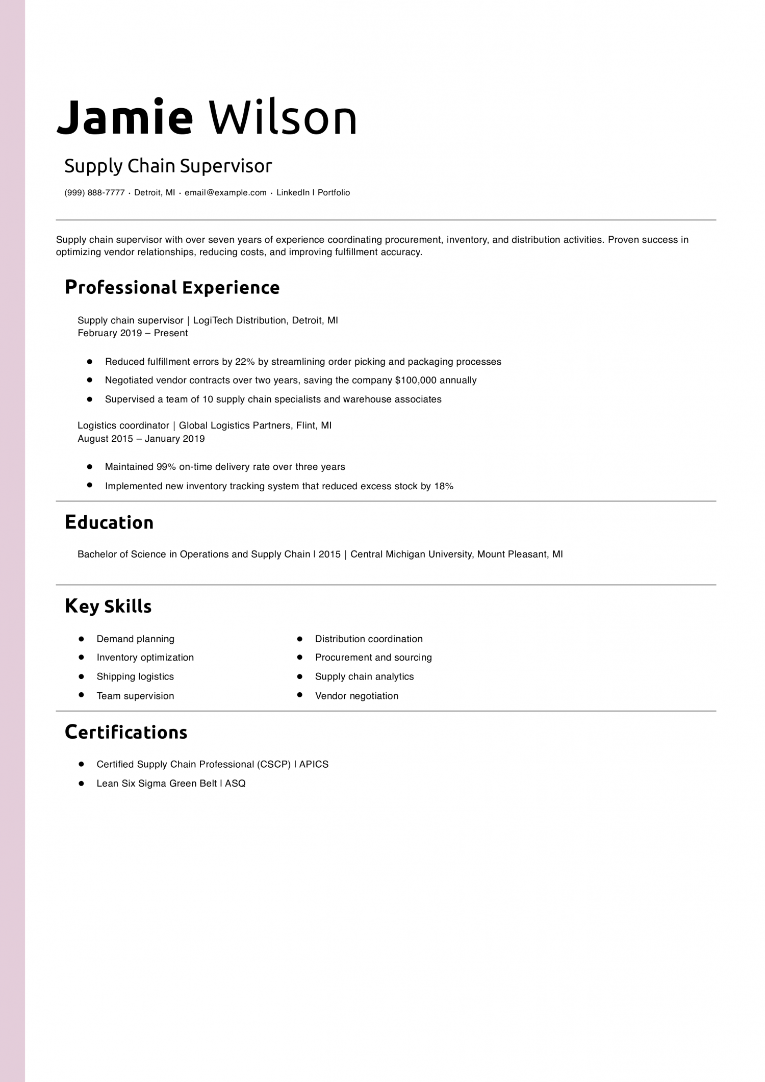 Supply Chain Supervisor Resume Example