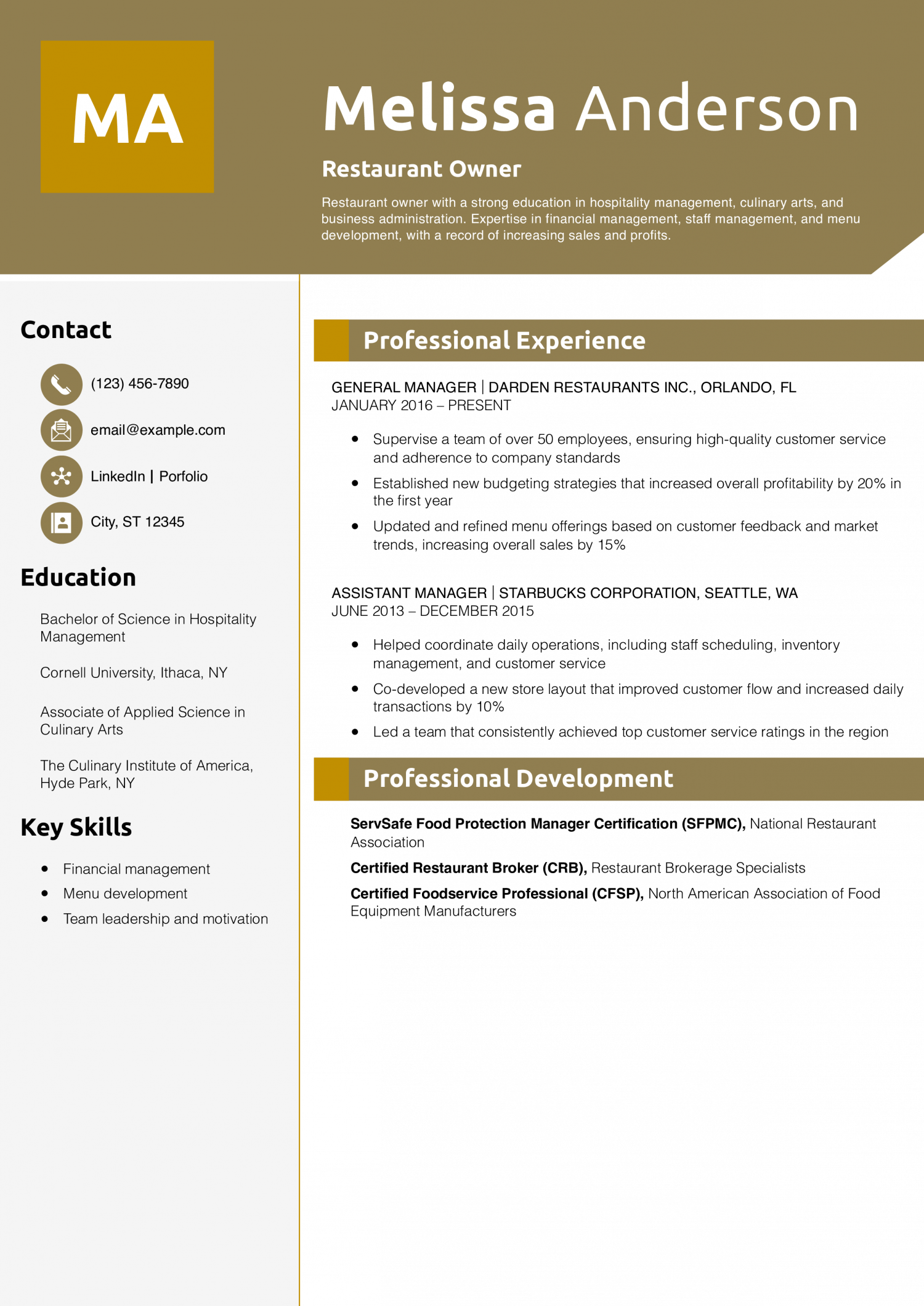Restaurant Owner Resume Example