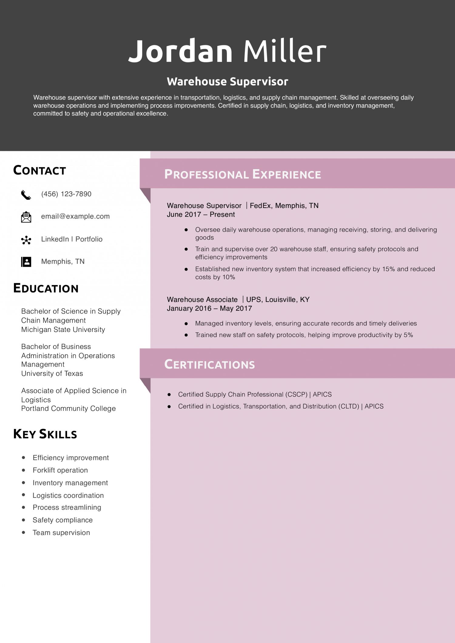 Warehouse Supervisor Resume Example