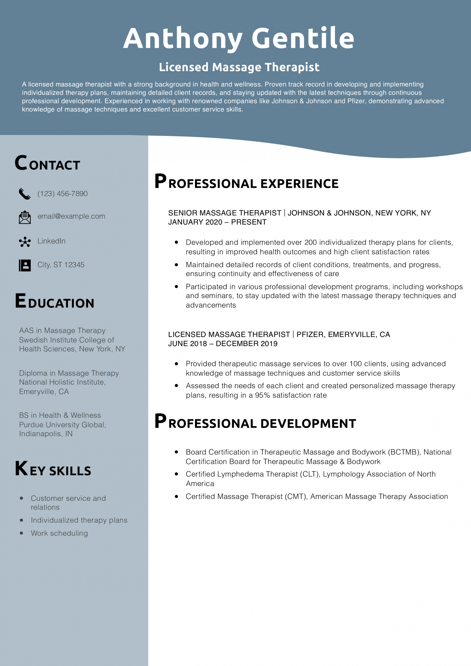 Licensed Massage Therapist Resume Example