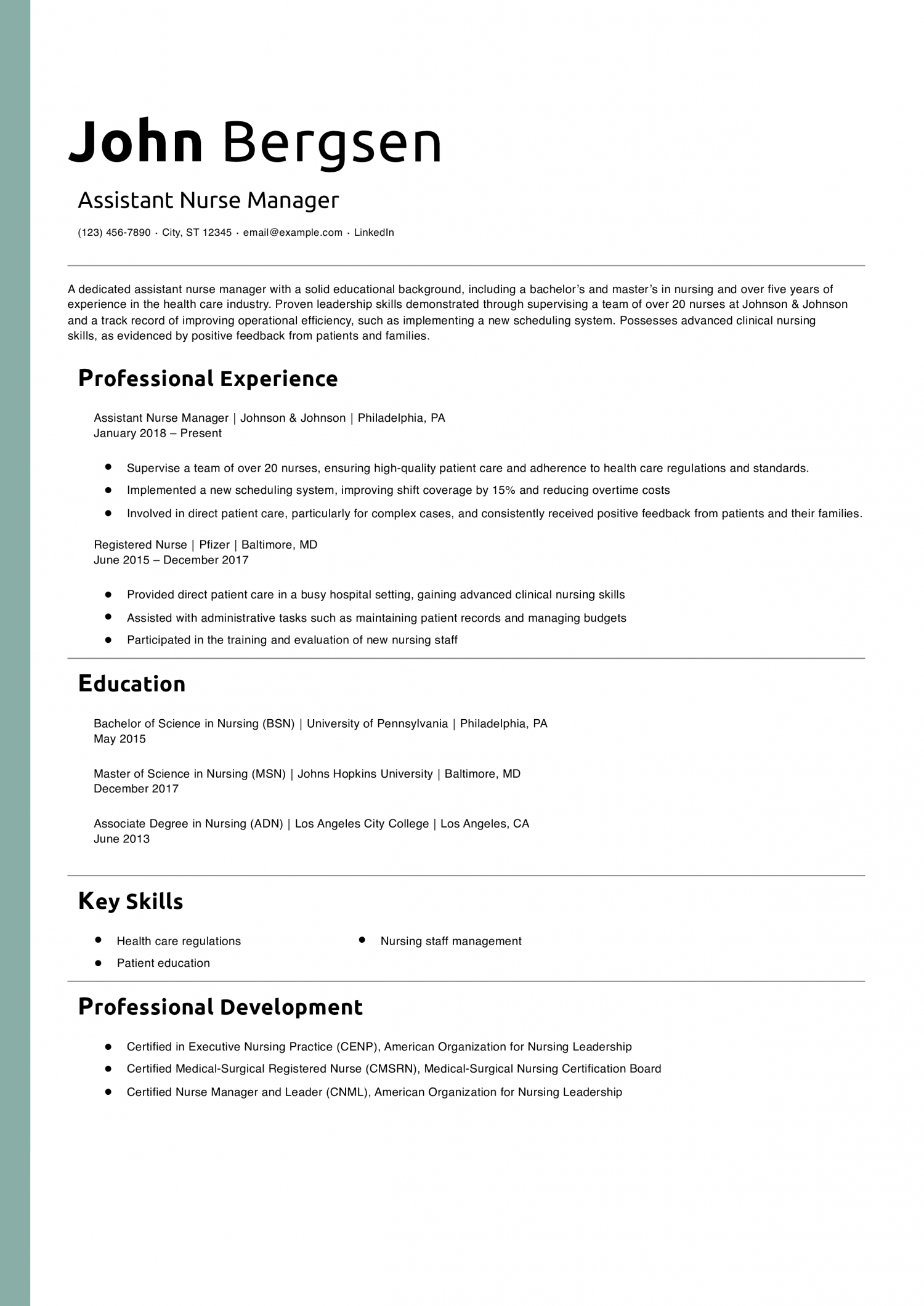 Assistant Nurse Manager Resume Example