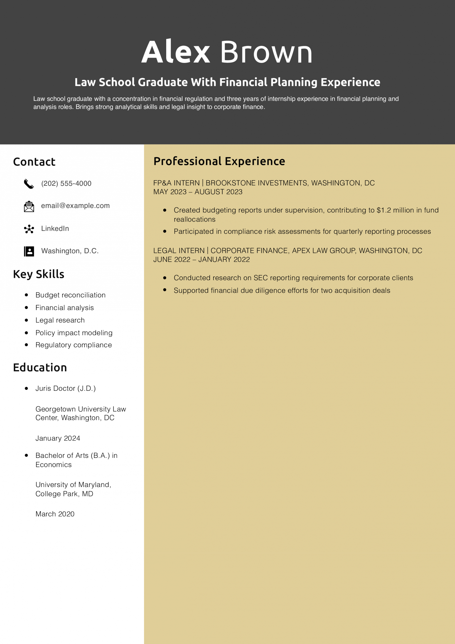 Law School Graduate With Financial Planning Experience Resume