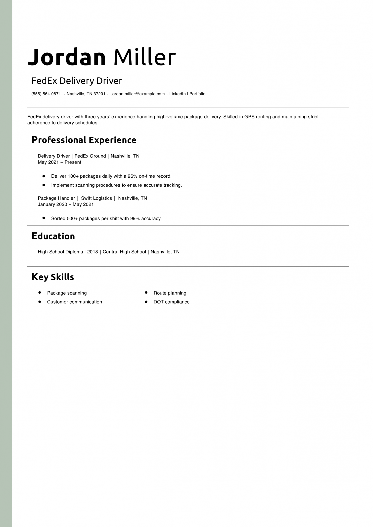 FedEx Delivery Driver Resume Example