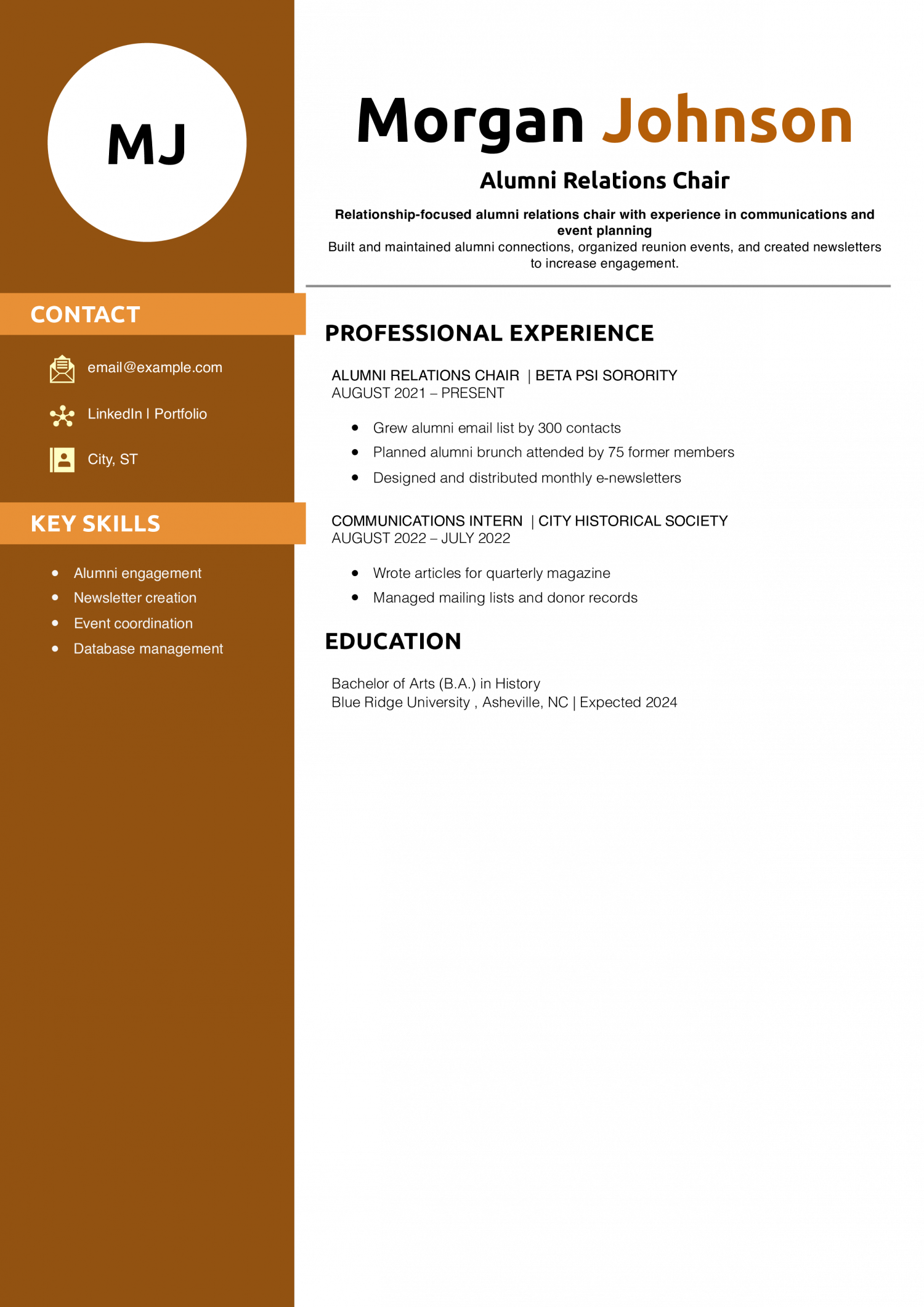 Alumni Relations Chair  Resume Example 