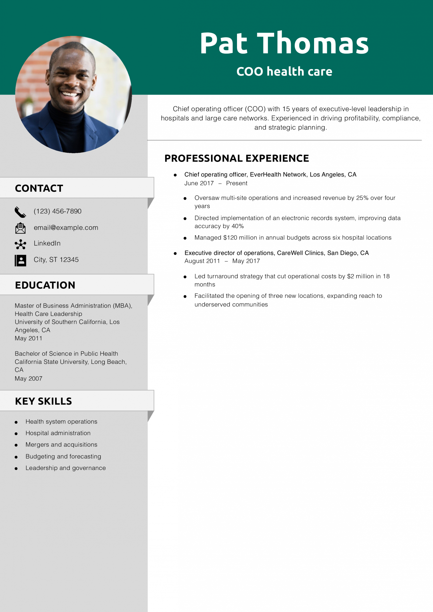 COO health care resume example