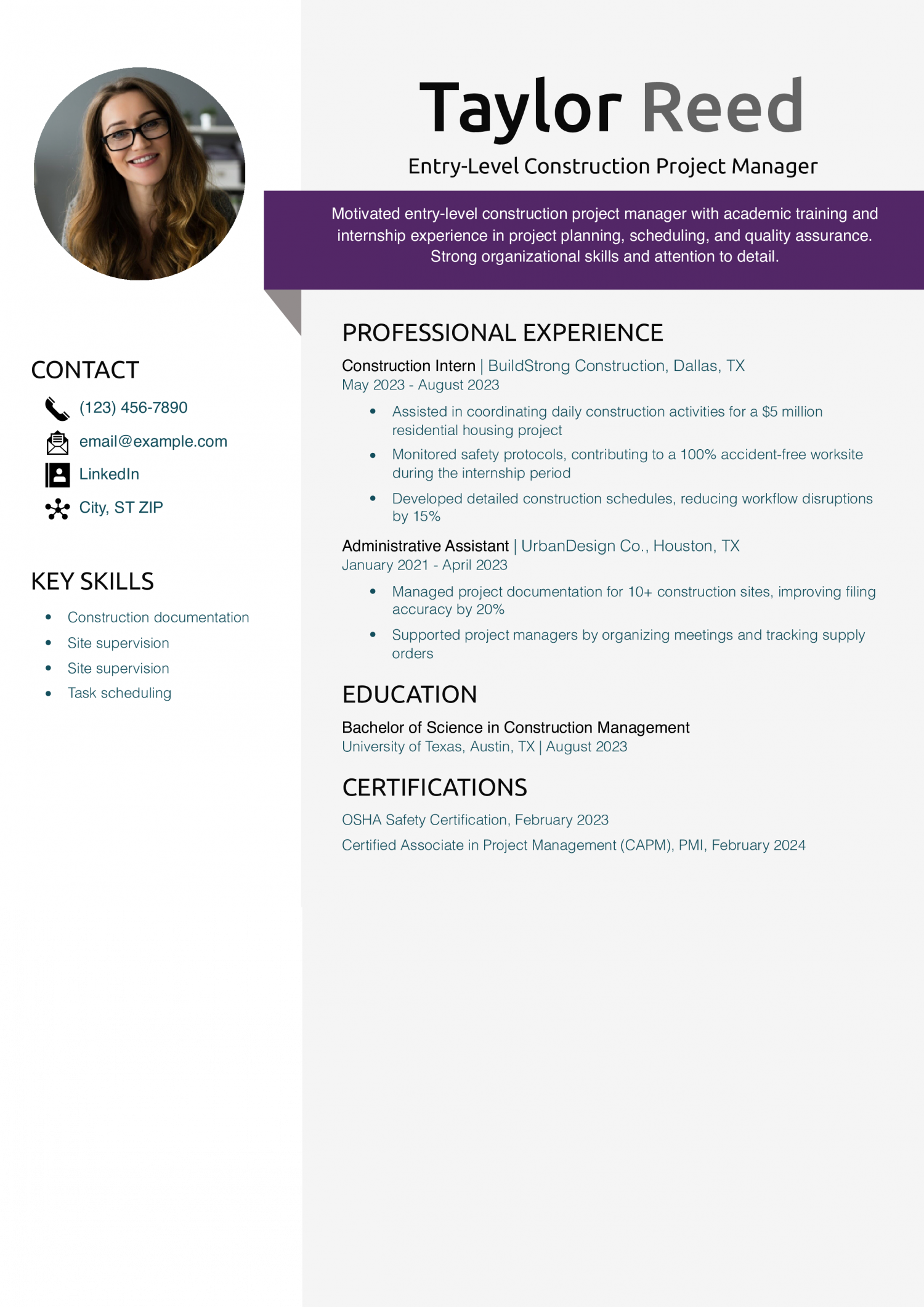 Entry-Level Construction Project Manager Resume Example