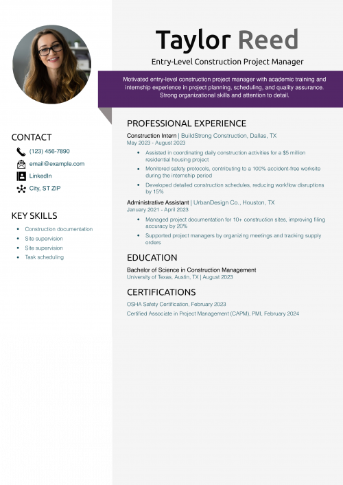 Entry-Level Construction Project Manager Resume Example