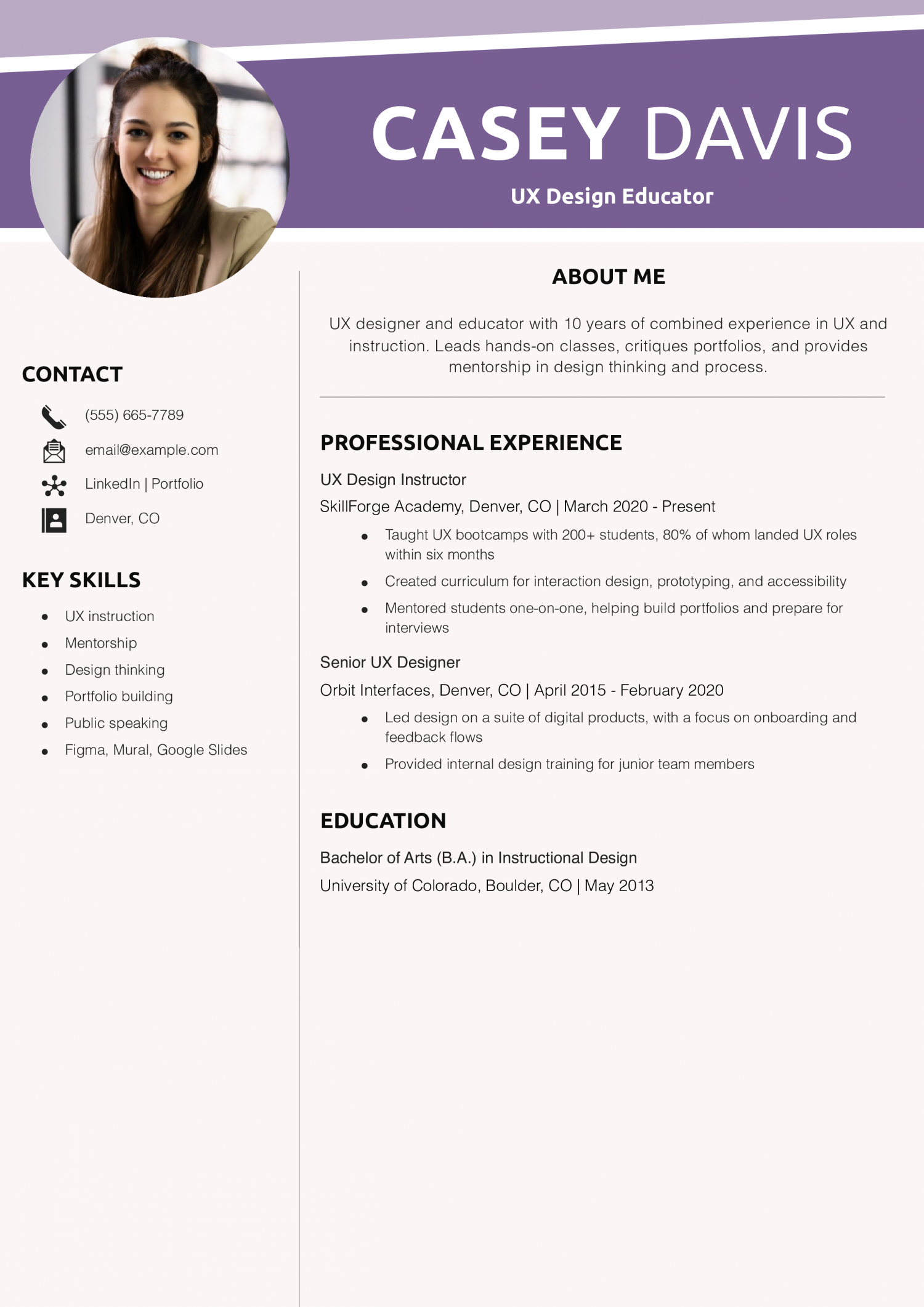 UX Design Educator Resume Example