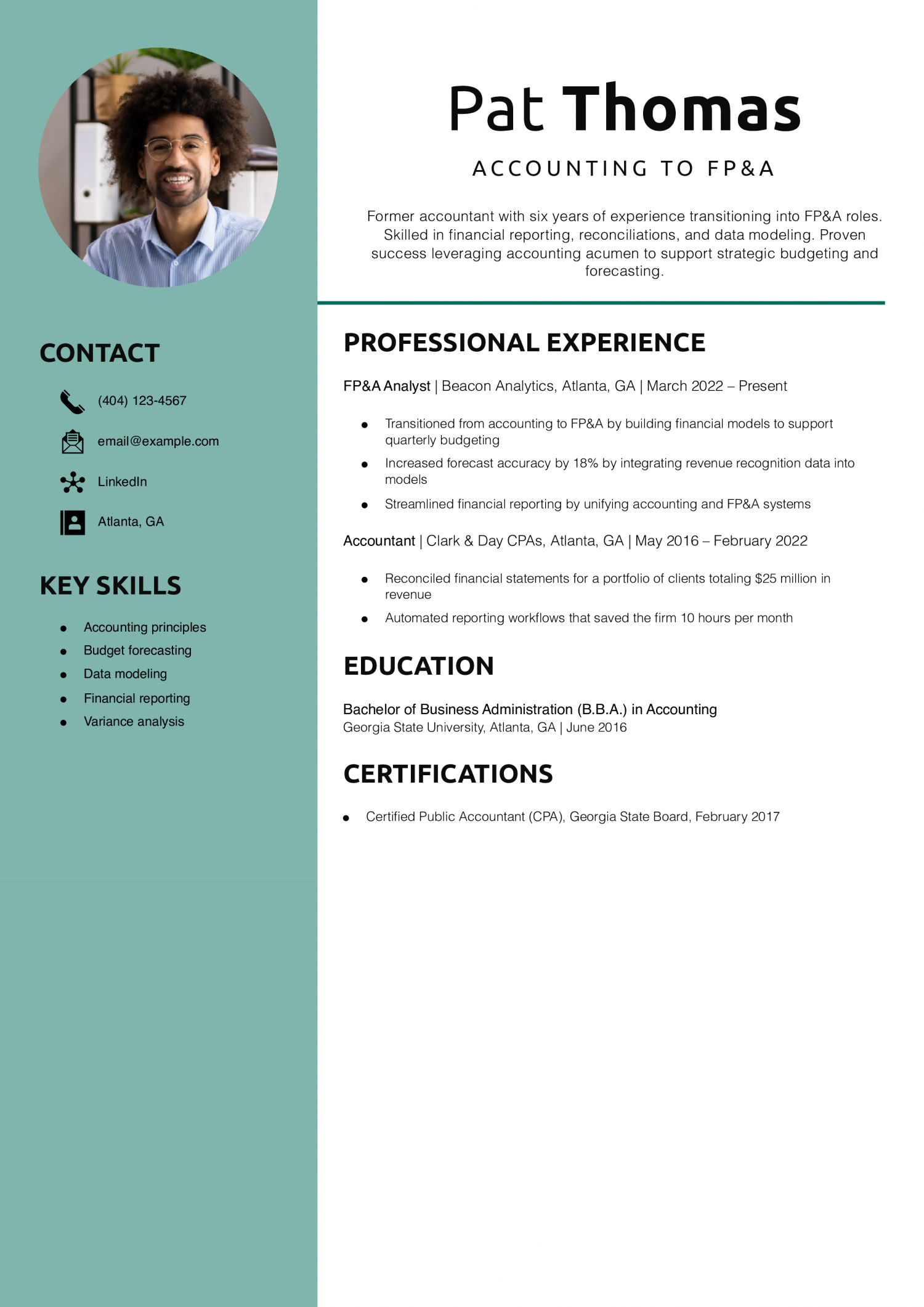 Accounting to FP&A resume example