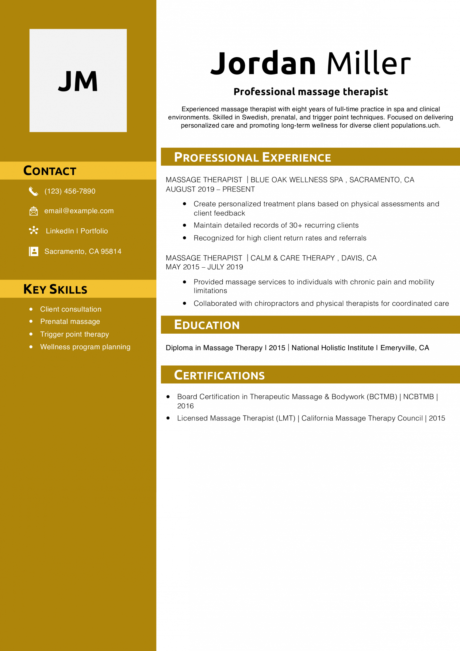 Professional massage therapist resume