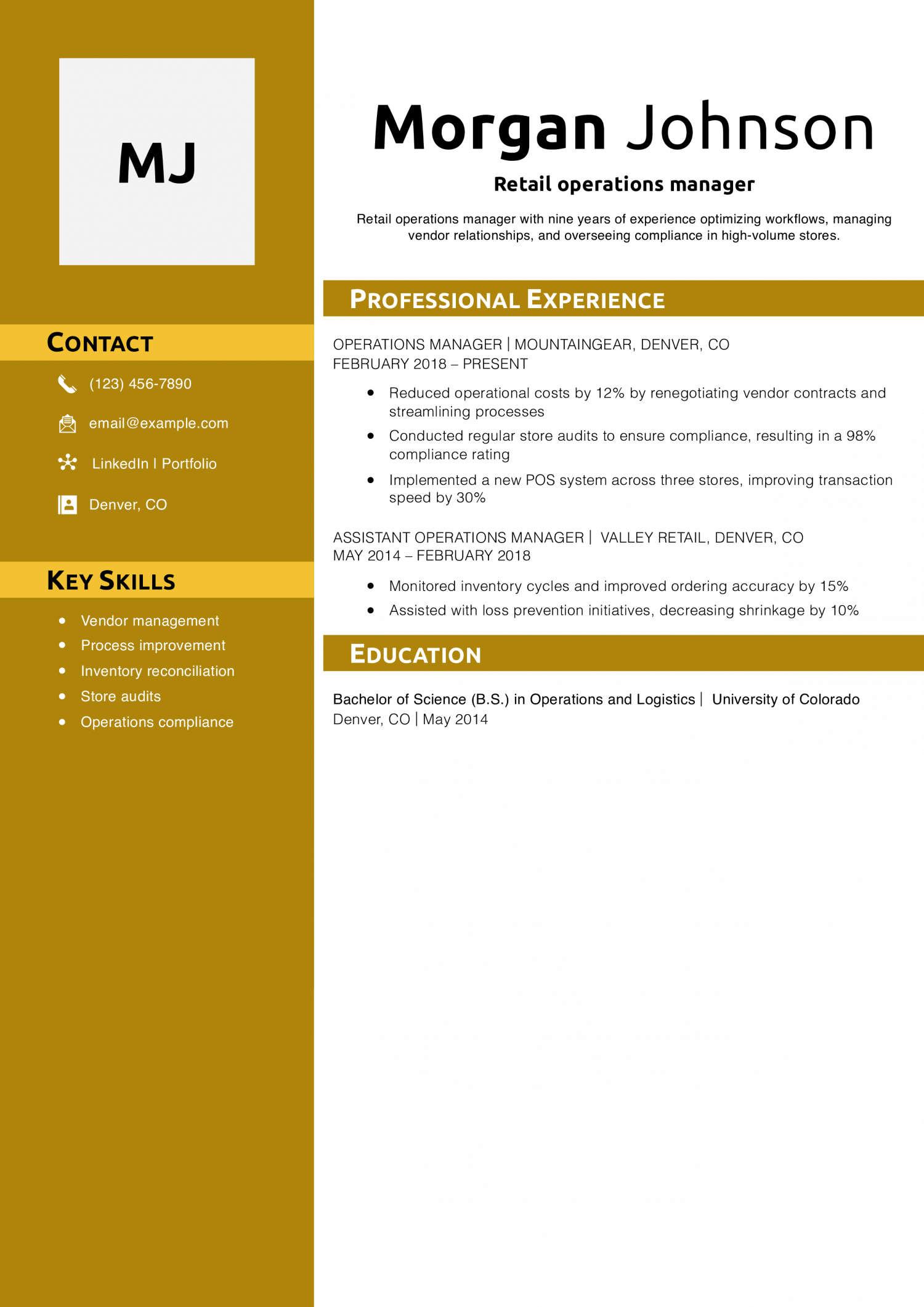 Retail operations manager resume example