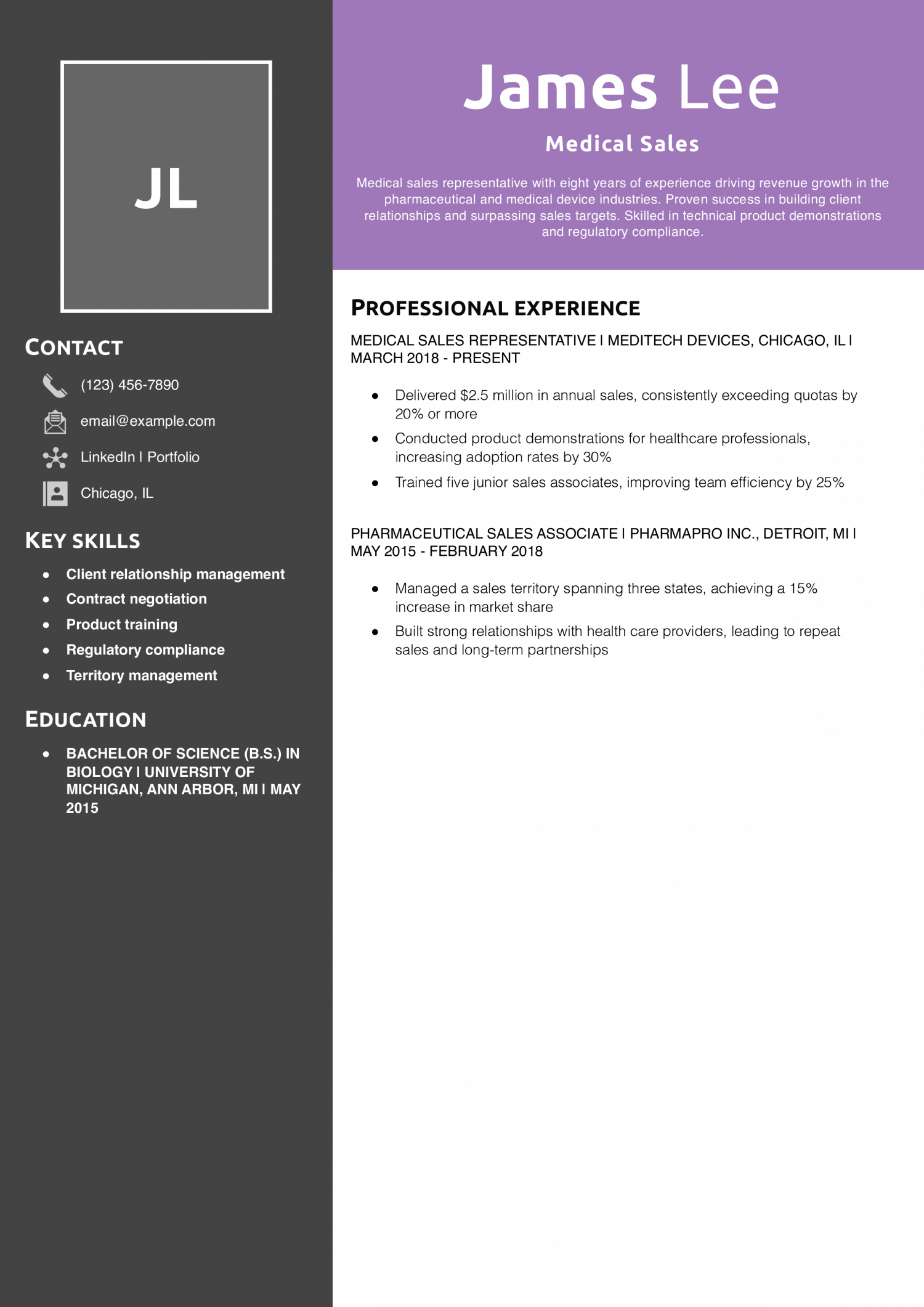 Medical Sales Resume Example