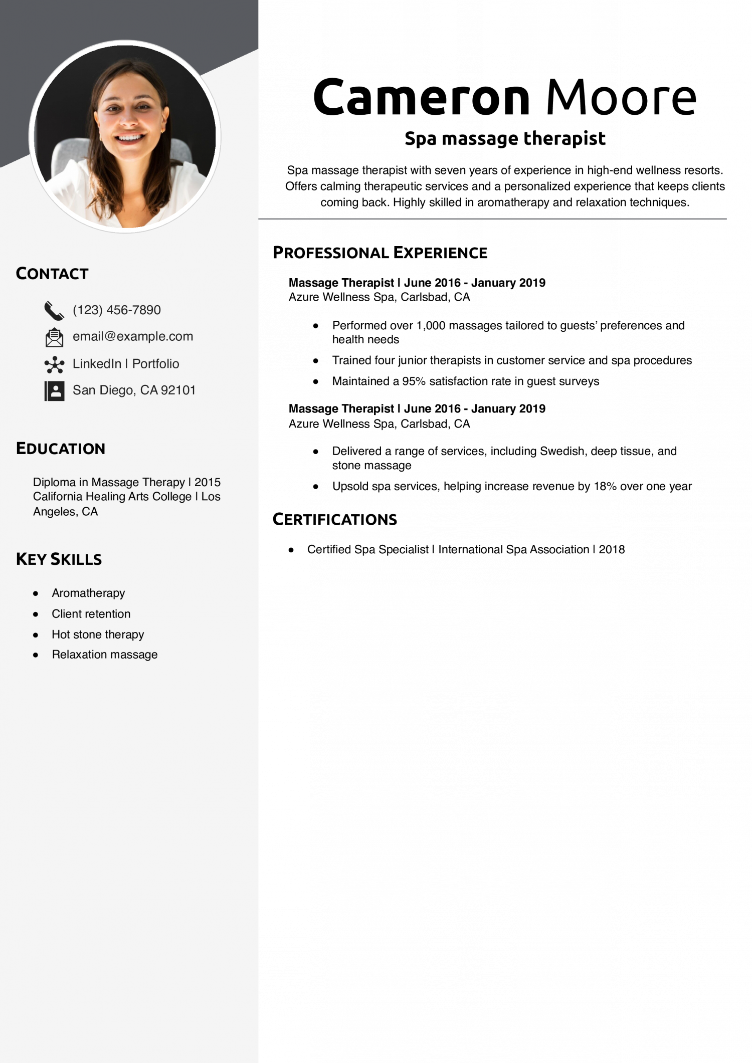 Spa massage therapist resume