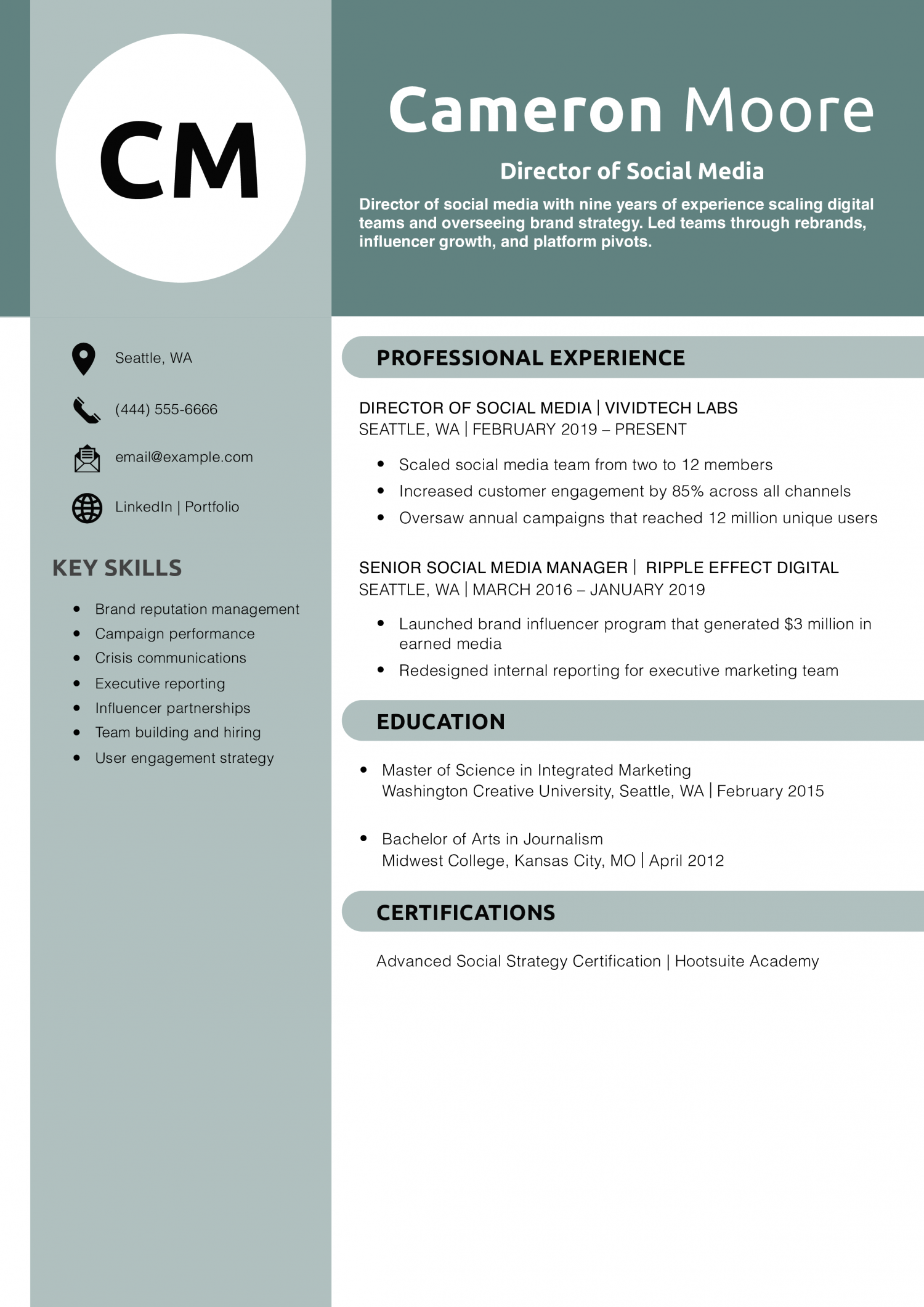 Director of Social Media Resume Example