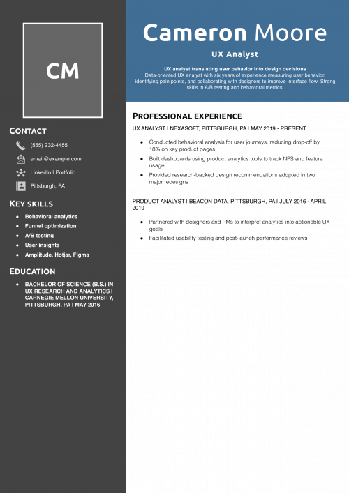 UX Analyst Resume Example
