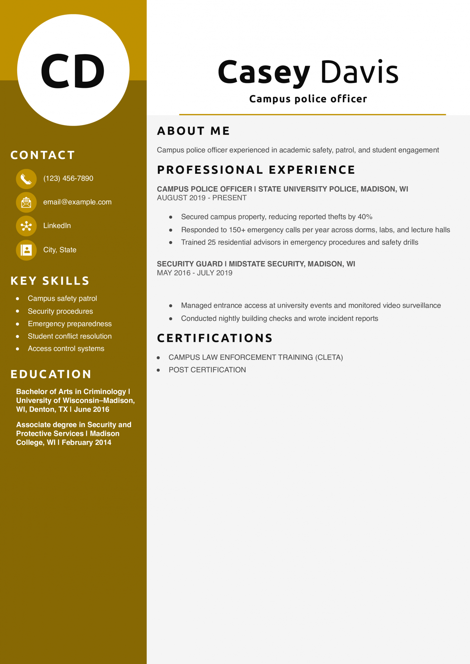 Campus police officer resume example