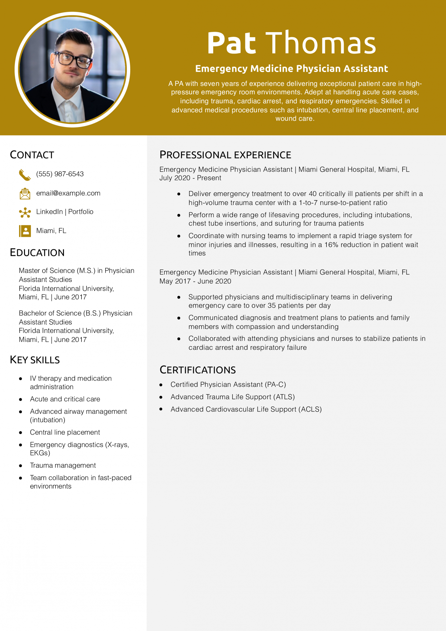 Emergency Medicine Physician Assistant Resume Example