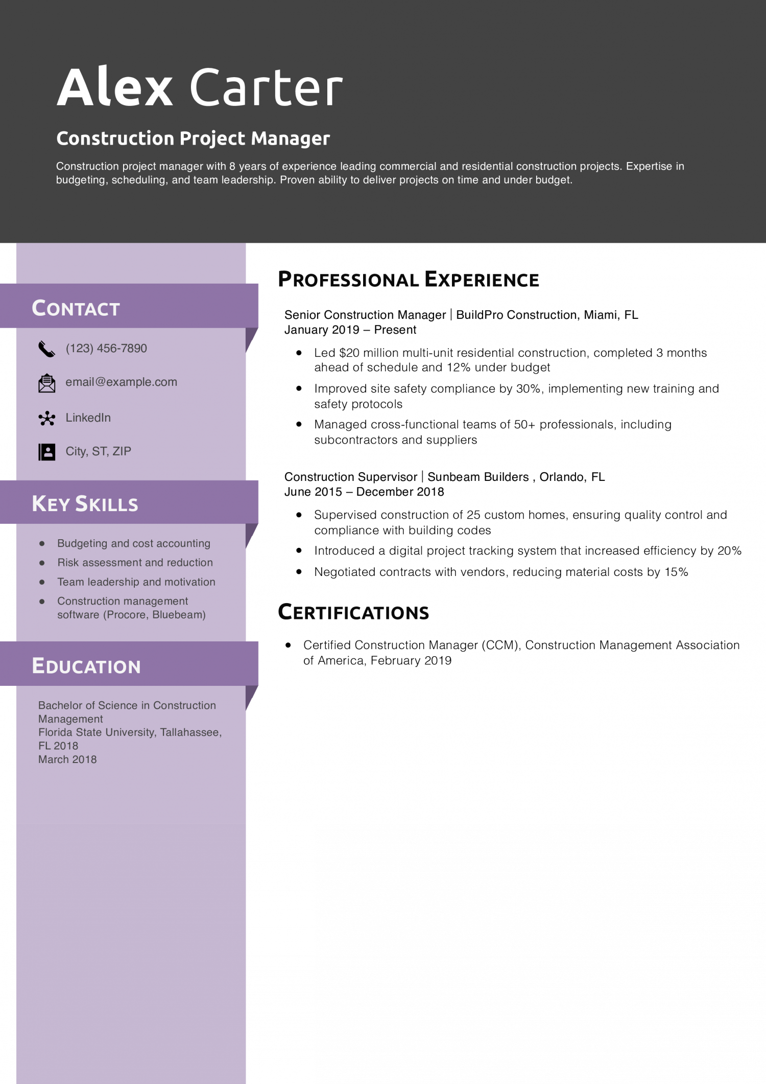 Construction Project Manager Resume Example